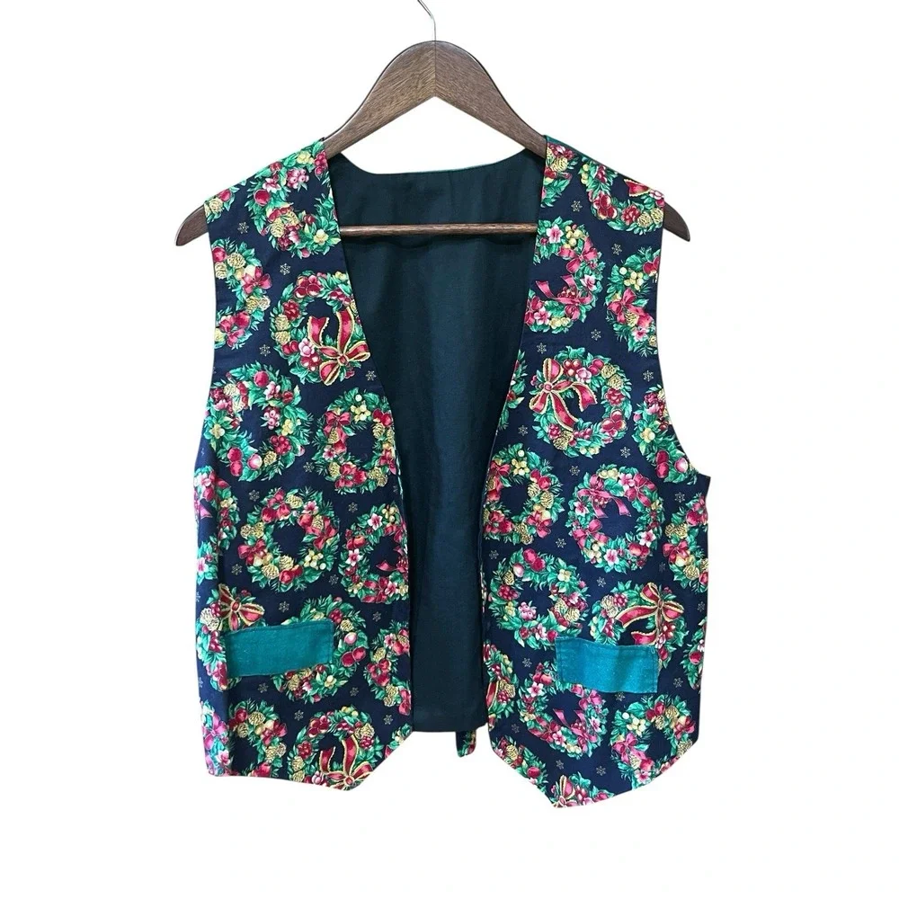 Christmas Festive Holiday‎ Vest Homemade Handmade Womens One Size Wreath Green